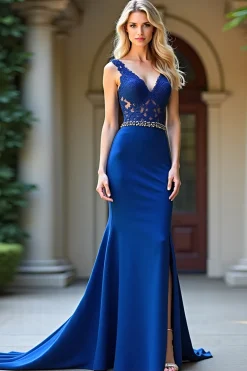 Royal Blue Bainha V Neck Lace frisado longo vestido de baile com fenda