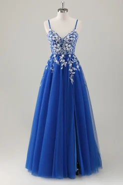 Royal Blue Ball-Gown Long Appliqued Prom Dress com Fenda
