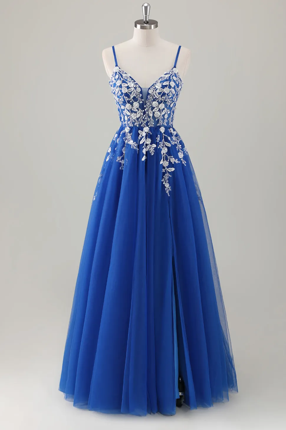 Royal Blue Ball-Gown Long Appliqued Prom Dress com Fenda