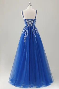 Royal Blue Ball-Gown Long Appliqued Prom Dress com Fenda