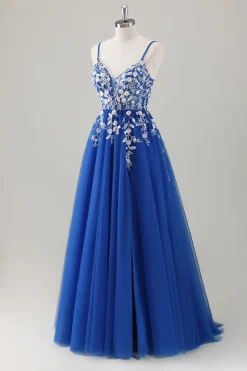 Royal Blue Ball-Gown Long Appliqued Prom Dress com Fenda