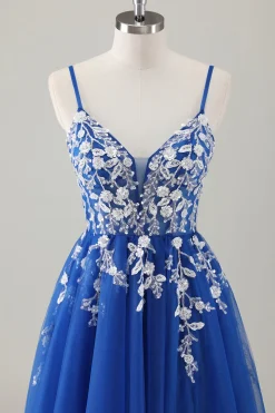 Royal Blue Ball-Gown Long Appliqued Prom Dress com Fenda