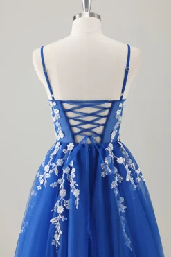 Royal Blue Ball-Gown Long Appliqued Prom Dress com Fenda