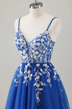 Royal Blue Ball-Gown Long Appliqued Prom Dress com Fenda