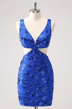 Royal Blue Bodycon Cut out Vestido Homecoming com Missangas