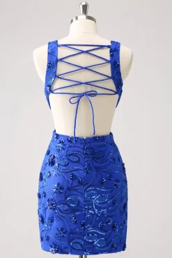 Royal Blue Bodycon Cut out Vestido Homecoming com Missangas
