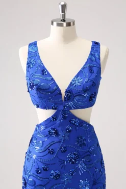 Royal Blue Bodycon Cut out Vestido Homecoming com Missangas