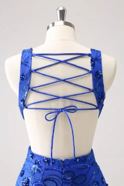 Royal Blue Bodycon Cut out Vestido Homecoming com Missangas
