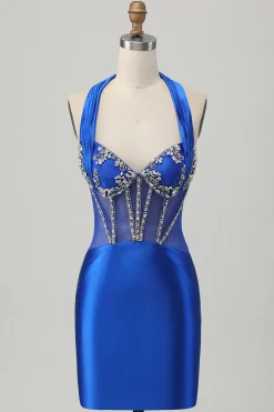 Royal Blue Bodycon Halter Backless Cetim Homecoming Vestido com strass