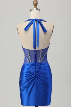 Royal Blue Bodycon Halter Backless Cetim Homecoming Vestido com strass