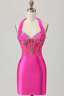 Royal Blue Bodycon Halter Backless Cetim Homecoming Vestido com strass