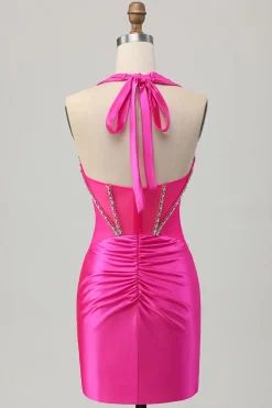 Royal Blue Bodycon Halter Backless Cetim Homecoming Vestido com strass