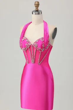 Royal Blue Bodycon Halter Backless Cetim Homecoming Vestido com strass