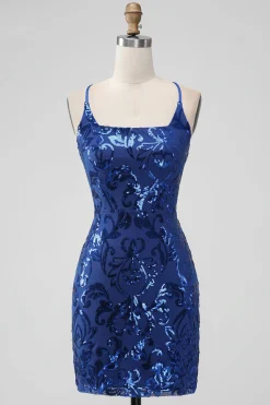Royal Blue Bodycon Sequins Vestido Curto Homecoming com Renda-up Costas