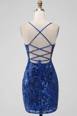 Royal Blue Bodycon Sequins Vestido Curto Homecoming com Renda-up Costas