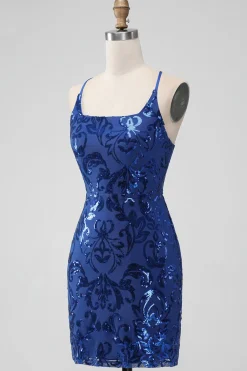 Royal Blue Bodycon Sequins Vestido Curto Homecoming com Renda-up Costas