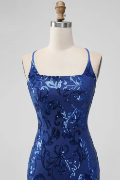 Royal Blue Bodycon Sequins Vestido Curto Homecoming com Renda-up Costas