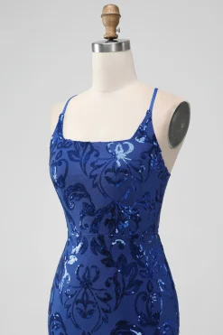 Royal Blue Bodycon Sequins Vestido Curto Homecoming com Renda-up Costas