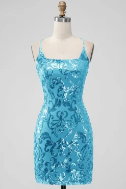 Royal Blue Bodycon Sequins Vestido Curto Homecoming com Renda-up Costas