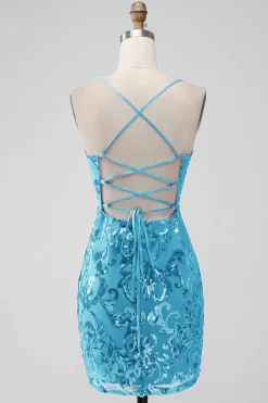 Royal Blue Bodycon Sequins Vestido Curto Homecoming com Renda-up Costas