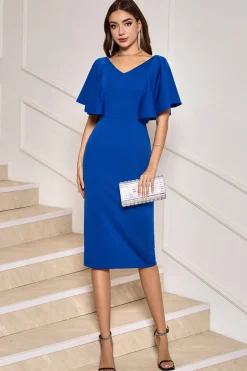 Royal Blue Bodycon V Pescoço Midi Vestido Mãe de Noiva com mangas curtas