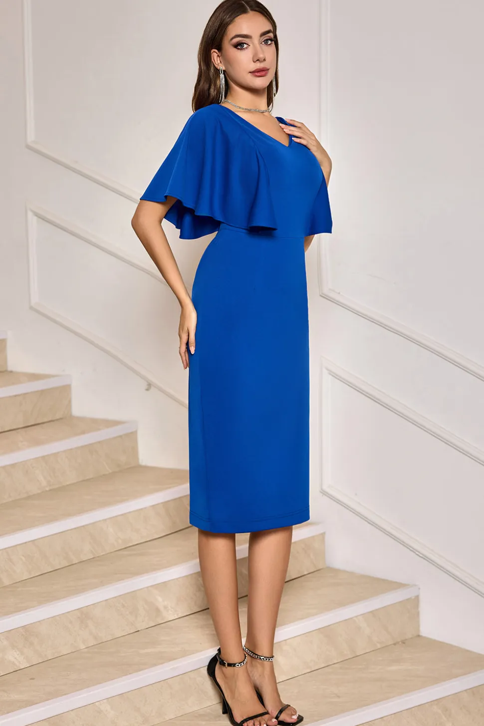 Royal Blue Bodycon V Pescoço Midi Vestido Mãe de Noiva com mangas curtas