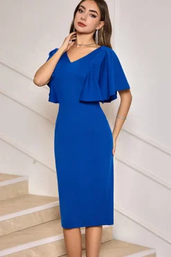 Royal Blue Bodycon V Pescoço Midi Vestido Mãe de Noiva com mangas curtas