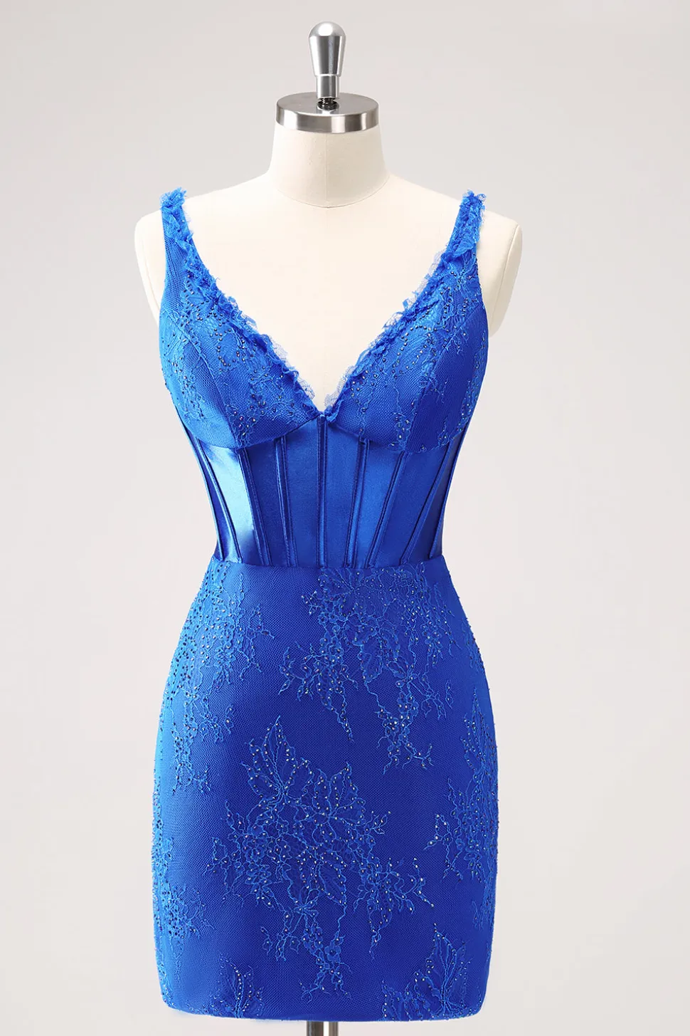 Royal Blue Bodycon V-Neck vestido curto Homecoming com renda para trás