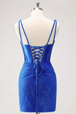 Royal Blue Bodycon V-Neck vestido curto Homecoming com renda para trás