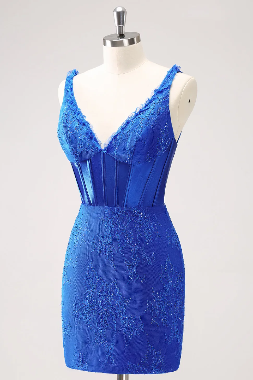 Royal Blue Bodycon V-Neck vestido curto Homecoming com renda para trás