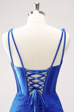 Royal Blue Bodycon V-Neck vestido curto Homecoming com renda para trás