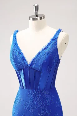 Royal Blue Bodycon V-Neck vestido curto Homecoming com renda para trás