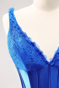 Royal Blue Bodycon V-Neck vestido curto Homecoming com renda para trás