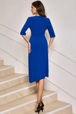 Royal Blue Bodycon V-Neck Vestido de Festa Plissado Cocktail