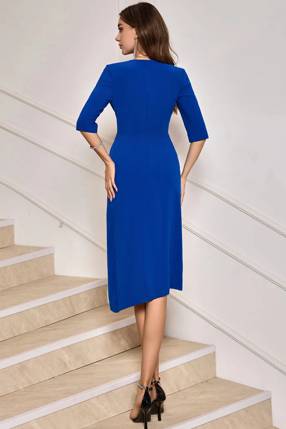 Royal Blue Bodycon V-Neck Vestido de Festa Plissado Cocktail
