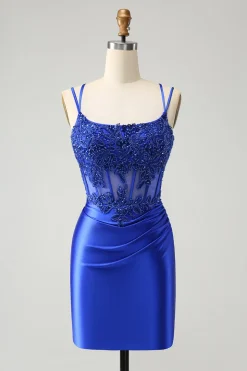 Royal Blue Corset Espaghetti Correias Apertado Homecoming Dress