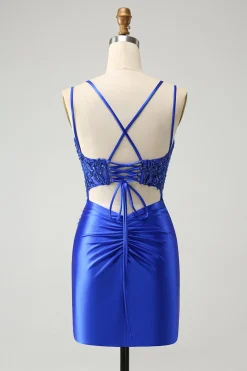 Royal Blue Corset Espaghetti Correias Apertado Homecoming Dress