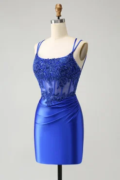 Royal Blue Corset Espaghetti Correias Apertado Homecoming Dress