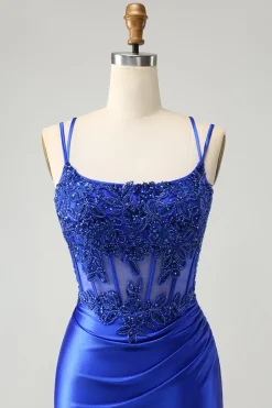 Royal Blue Corset Espaghetti Correias Apertado Homecoming Dress