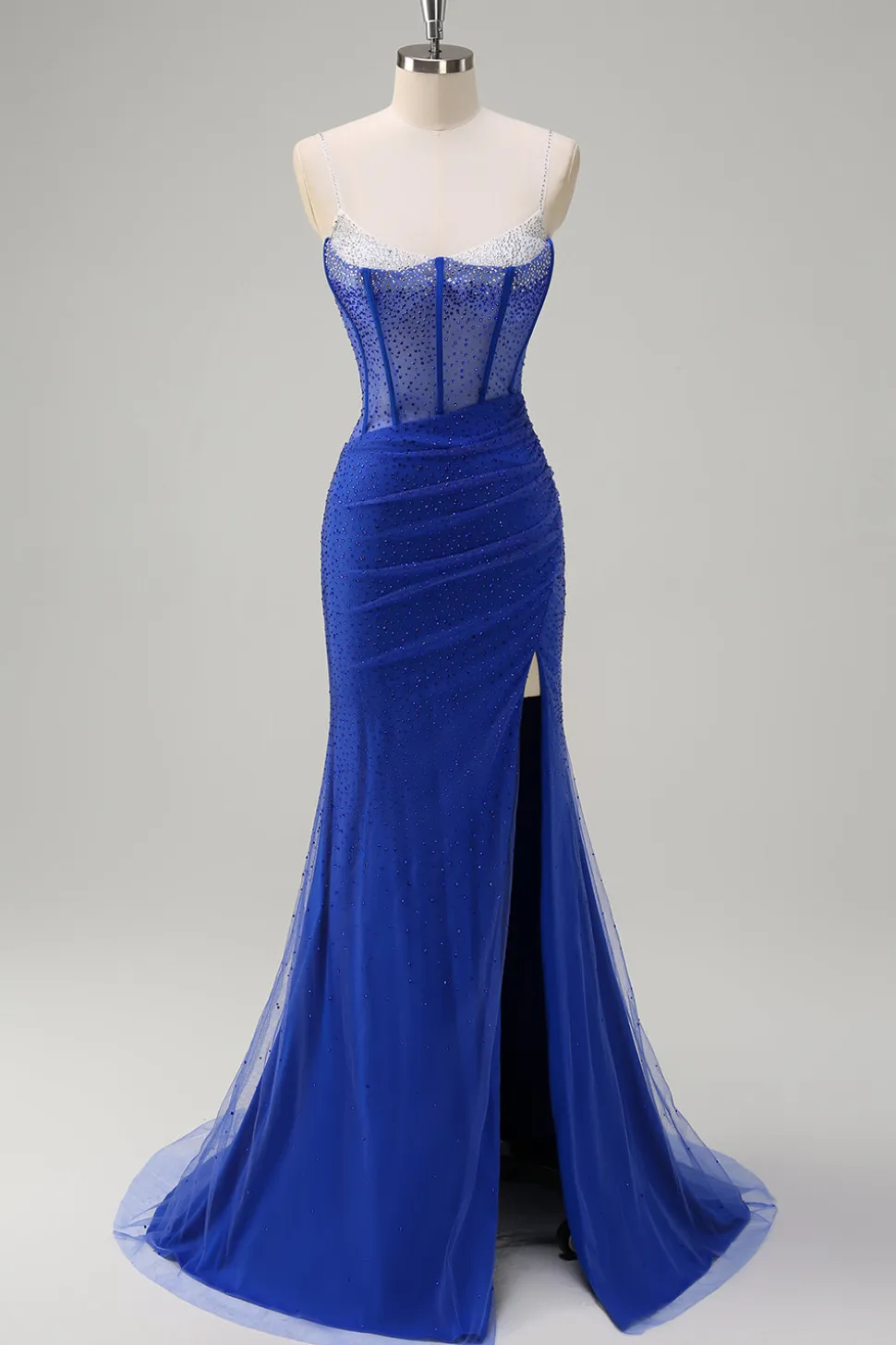 Royal Blue Corset Sereia Fenda Longo Vestido de Baile com Missangas