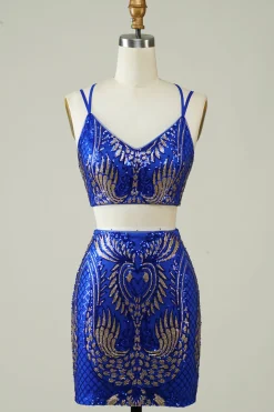 Royal Blue Duas Peças Glitter Tight Homecoming Vestido