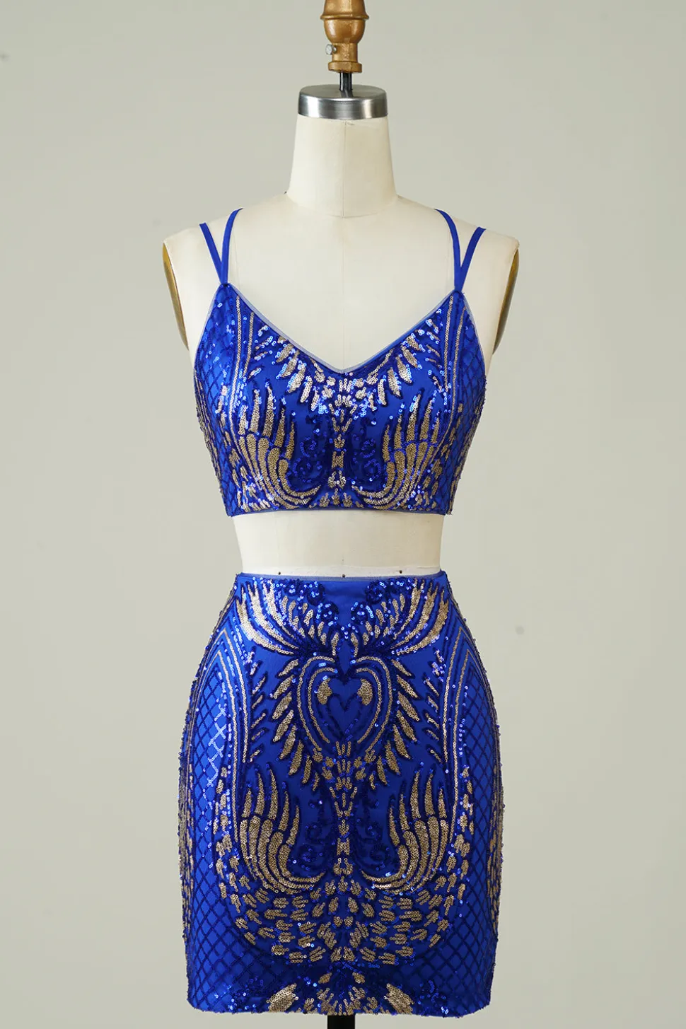 Royal Blue Duas Peças Glitter Tight Homecoming Vestido