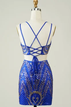Royal Blue Duas Peças Glitter Tight Homecoming Vestido