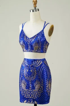 Royal Blue Duas Peças Glitter Tight Homecoming Vestido