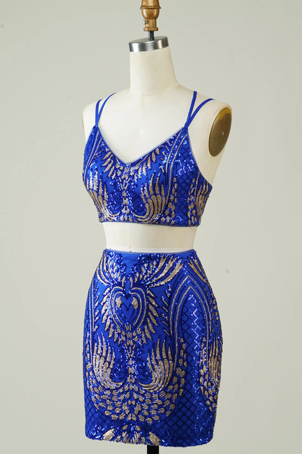 Royal Blue Duas Peças Glitter Tight Homecoming Vestido