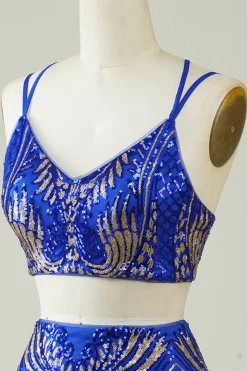 Royal Blue Duas Peças Glitter Tight Homecoming Vestido