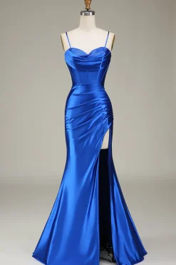 Royal Blue Espaghetti Correias Sereia Vestido Longo Baile de Formatura Com Fenda