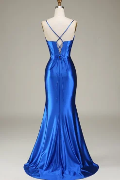 Royal Blue Espaghetti Correias Sereia Vestido Longo Baile de Formatura Com Fenda