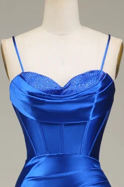 Royal Blue Espaghetti Correias Sereia Vestido Longo Baile de Formatura Com Fenda