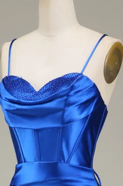 Royal Blue Espaghetti Correias Sereia Vestido Longo Baile de Formatura Com Fenda